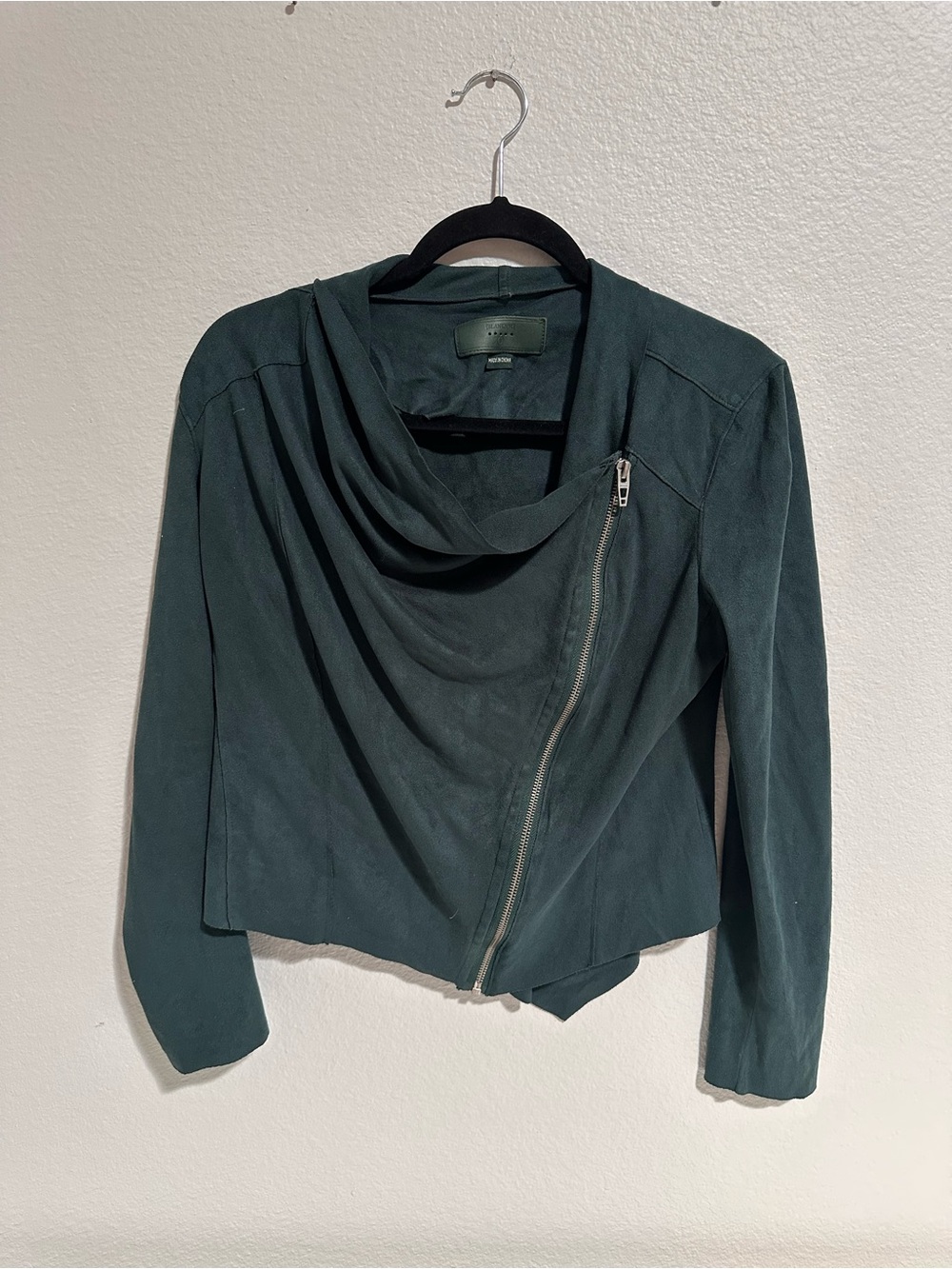 Draped Asymmetrical Zip Jacket - Forest Green - Suede Style